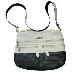 Stone Mountain Crossbody Shoulder Bag White Black Faux Leather Purse 12”x 8”x 4"